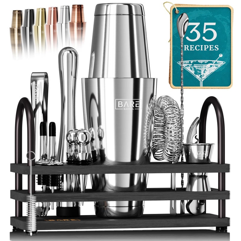 BARE BARREL Mixology Bartender Kit Bar Set | 14-Piece Cocktail Shaker Set | Martini Barware Mixing Tools for Home Bartending | 35 Recipe Cards | Gift Set (28oz Boston Shaker  Silver/Black) - Image 1